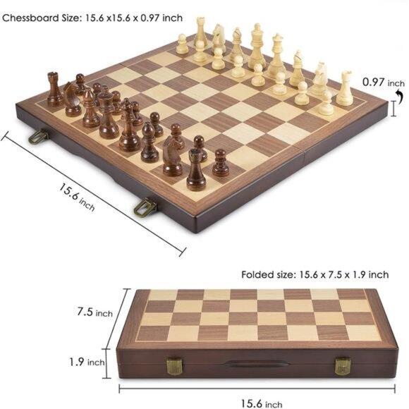 Magnetic Wooden Chess and Checkers Game Set, 15 Inches Chess Board Games - Picture 5 of 7
